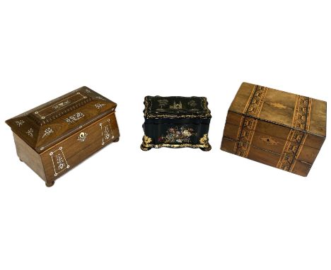 Three boxes, including a William IV rosewood sarcophagus tea caddy, circa 1830,   with two compartments and decorated with mo