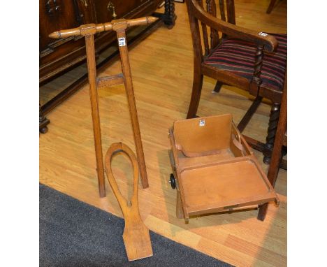 A vintage child's  'Little Buffer' wooden feeding chair on wheels, model 3, 34cm high, also with a vintage folding wooden boo