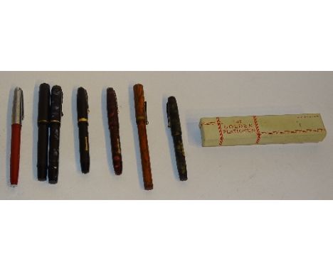 Seven vintage fountain pens, to include The Golden Platignum, Mentmore Osmi Iridium with 14ct gold nib, and three Conway Stew