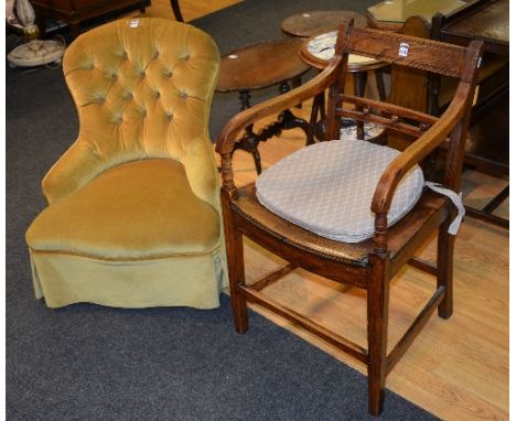A vintage nursing chair, upholstered in gold button back velour, 68cm high, also with a 19th century ash carver chair, 68cm h