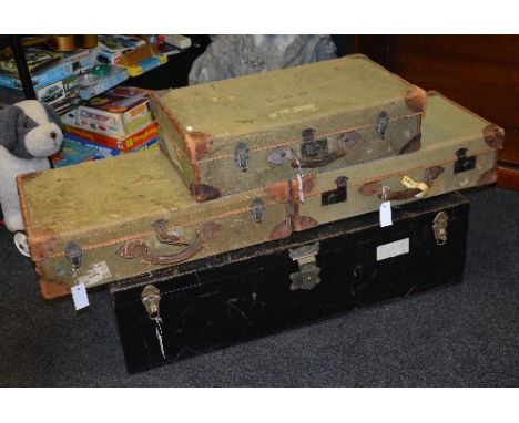 Three vintage green canvas and leather bound travel cases, together with a vintage metal trunk (4)