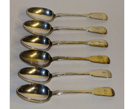 A set of six Victorian silver table spoons, hallmarks for Edinburgh 1841 AW, of plain fiddle pattern design with engraved mon