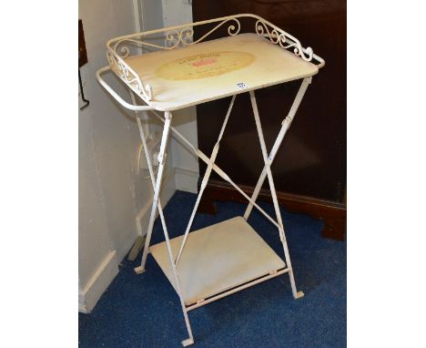 A vintage French painted wrought iron bathroom towel stand, with undertier, 86cm high