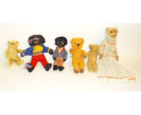 A small quantity of vintage teddy bears and dolls, to include bear with growler, two golliwogs, a mohair monkey with moulded 