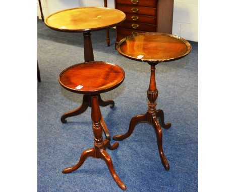 A mahogany circular tripod table, 74cm high x 45cm wide, also with two mahogany wine tables (3)