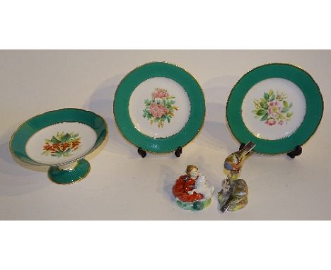A porcelain fruit service, decorated with floral panel on white ground with green border (10), together with a Royal Doulton 