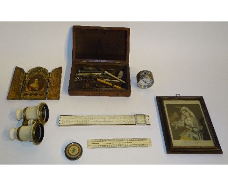 A quantity of collectables, to include ivorine opera glasses, pocket compass, folding measuring rules, drawing instruments, t