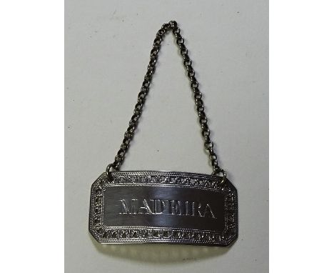 A George III Scottish silver decanter label engraved 'Madeira', hallmarks for Edinburgh 1795 William & Patrick Cunningham, wi