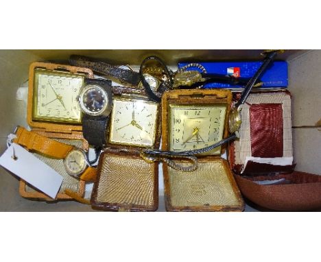 A quantity of vintage and later wristwatches and travel desk clocks, to include a Roamer wristwatch by Brevette, Favre-Leuba 