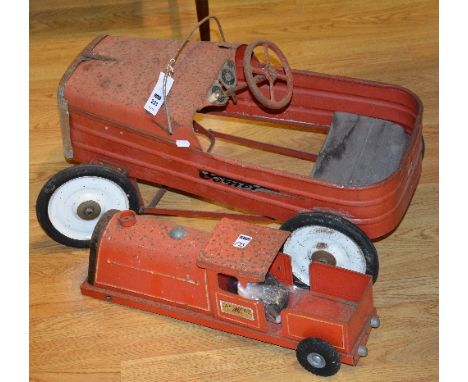 A vintage Tri-ang 'Comet' toy car circa 1950's, painted in red, label to reverse, also with a Tri-ang express toy train carri
