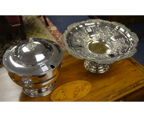 A Victorian embossed silver plated fruit bowl, with allover foliate decoration, raised on circular foot, 17cm high x 37cm dia