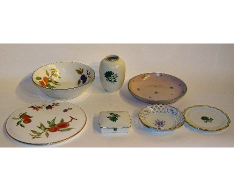 Three pieces of Royal Vienna Augarten factory porcelain, comprising of vase, trinket box with cover and plate, decorated with
