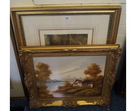 A 20th Century oil on canvas depicting a continental lake scene, signed 'Recco', inset ornate moulded and swept gilt frame, t