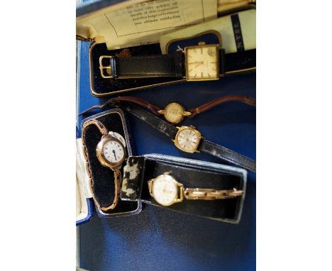 Limit: A 9ct gold manual wind Ladies bracelet wristwatch (af), together with another similar, and three other watches to incl