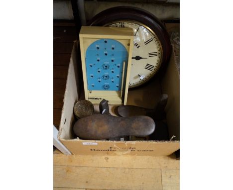 A vintage Chad Valley child's bagatelle game, a reproduction Boddington Brewery wall clock, shoe lasts, etc