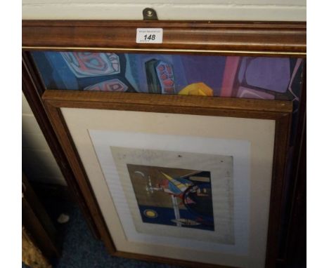 A modern abstract gouache, together with a modern abstract print, both framed.