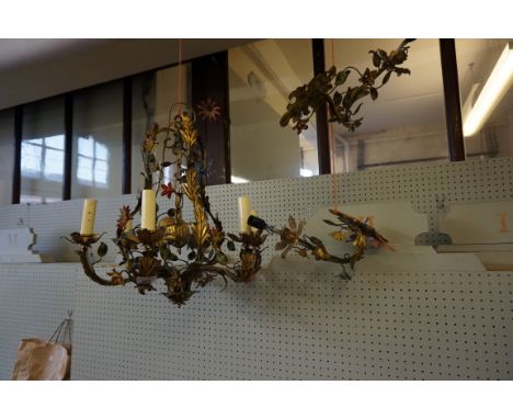 A decorative period style patinated gilt metal chandelier, with a pair of matching wall lights, and other brass light parts. 