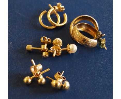 A collection of ear studs, to include; three pairs of 18ct gold studs, a pair of cultured pearl and 18ct gold studs, a pair o