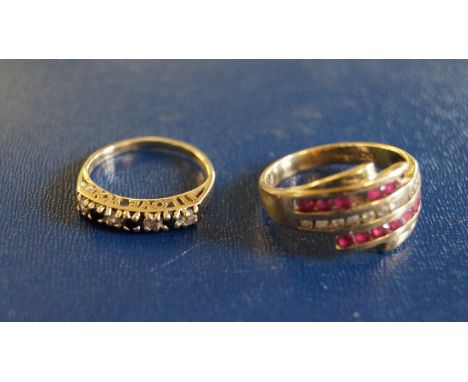 A 9ct gold diamond and sapphire half hoop eternity ring, the shank spelling I Love You, together with, a 9ct gold ruby and di