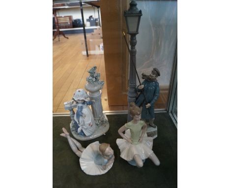 A group of Lladro ceramic figures to include a ballerina lying down, a seated ballerina, a girl stood in garden landscape, a 
