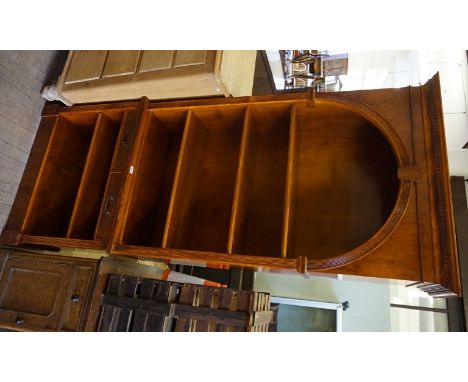 A reproduction yew wood finished Period style tall open front bookcase, with dentil moulded cornice above arched canopy, with