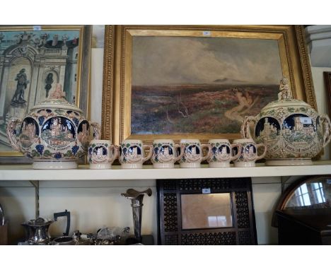 20th Century German period style ceramic punch set, comprising two twin handled punch bowls and covers, and six cups, all dec