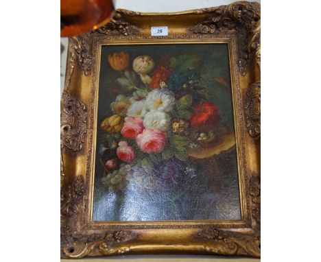 A reproduction simulated old master oil on panel, depicting a still life, inset ornate period style gilt frame.