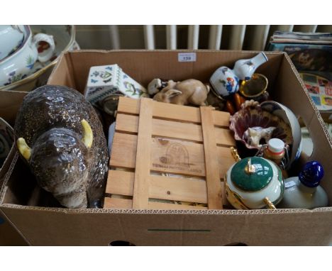 A cased set of Thomas Pacconi hand crafted blown glass Christmas ornaments, with paperwork, a large ceramic model of a buffal