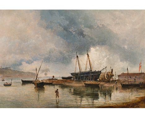 Rudolf von AltSchiffswerft im Hafen von Triest1840Öl auf Papier auf Leinwand; gerahmt21 x 29,5 cmSigniert und datiert rechts 