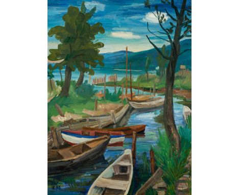 Rudolf WackerBodenseelandschaft1928Öl auf Karton; gerahmt60 x 46 cmMonogrammiert und datiert links unten: RW / IX. 28Rückseit