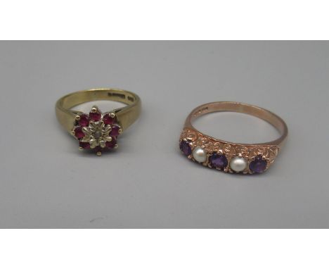 9ct yellow gold diamond and ruby cluster ring, size K, and a 9ct rose gold ring set with pearls and purple stones, size P, 5.