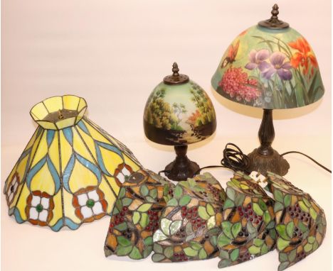 Two Art Nouveau style table lamps with painted glass shades H54cm &amp; H34cm, Liberty style centre light fitting, four uplig