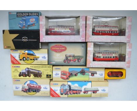 Eleven boxed Corgi and 1 Metosul diecast truck and tram models in 1/50 and 1/76 scales to include Metusol Mercedes Benz 1113 