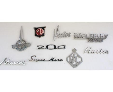 Chromed car badges incl. Hillman Super Minx, MG, Victor, Wolseley 18/85, Austin, Peugeot 204, Morris etc (qty) 