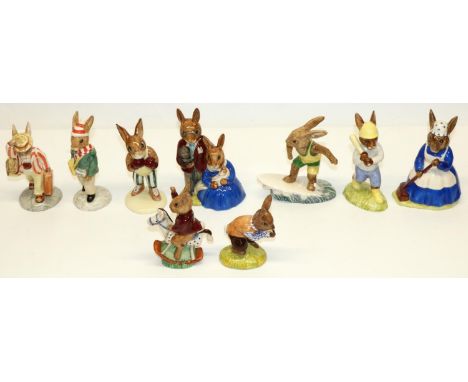 Royal Doulton Bunnykins figures: Clean Sweep DB6, Home Run DB43, Aussie Surfer DB133, Father Bunnykins DB154, Tom DB72, Famil