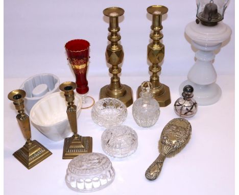 Three jelly moulds, incl. a glass mould with fouled anchor; scent bottle with silver overlay, H11.5cm; pair of late C19th/ear