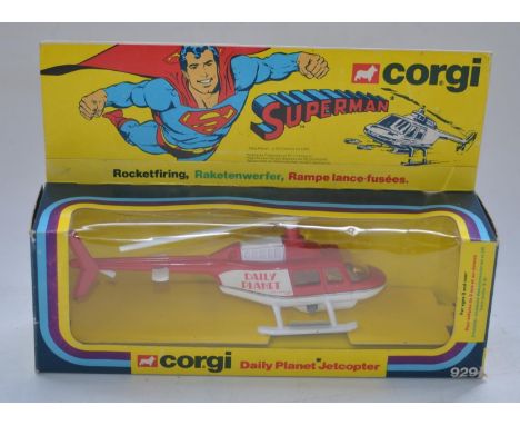 Vintage boxed Corgi Suoperman Rocket firing Daily Planet Jetcopter, item no 929. Model and box in excellent condition, one sm
