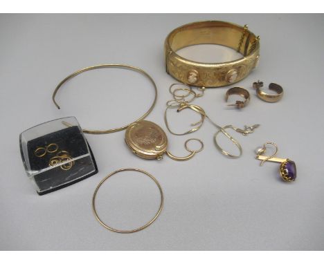 Pair of 9ct yellow gold hoop earrings stamped 375, a yellow metal pendant locket stamped 9ct front and back, a 9ct gold brace