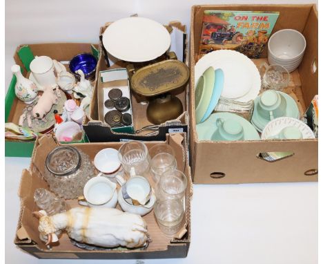 W &amp; T Avery kitchen scales with white enamel pan and mismatched brass and cast iron weights; Border Fine Arts group of a 