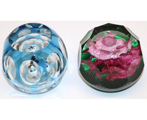 Caithness glass 'Floribunda' limited edition paperweight 33/75, and a Perthshire type faceted blue glass paperweight with ins