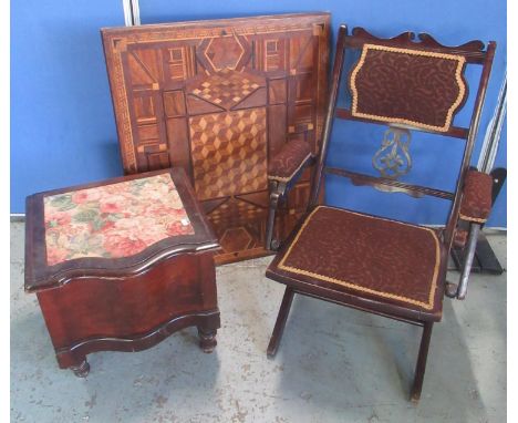 Folding Campaign style open arm chair, a Victorian step commode and a Tunbridge ware table top with cube and other parquetry 