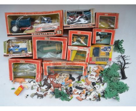 large collection of boxed vintage Britain's 1/32 die cast metal and plastic farm vehicles incl. 9600 Post Hole Digger, 9548 C