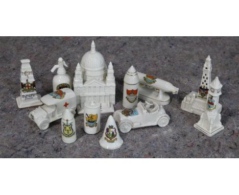 Collection of crested ware ceramics, including military WWI ambulance, the bomb dropped on Scarborough, City of London cenota
