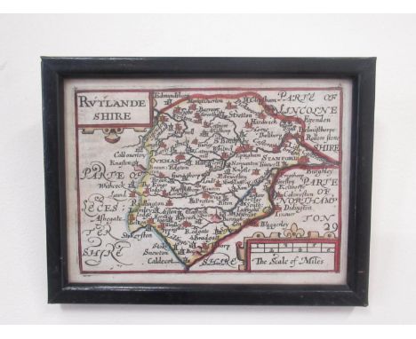 Small C17th map of Rutlandeshire, with scale of miles, later hand coloured, 9.5cm x 13cm 