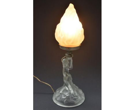 Art deco style frosted table lamp by Walther &amp; Sohne of Rotterdam modelled as a woman holding a peach coloured flame form