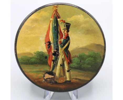 Of Napoleonic War interest: early C19th French papier-mache circular snuff box, the lid painted with a soldier holding the Fr