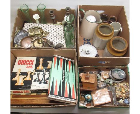 Mixed collection of glassware, ceramics, metalware, etc. inc. chessboard and pieces, stoneware jars, horse brasses, etc. (Qty