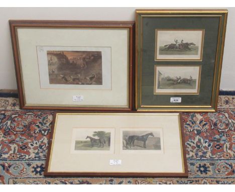 Racing Prints - In The Stable, In The Paddock, The Struggle and The Winning Post, four framed as two, 24cm x 14cm and a Hunti