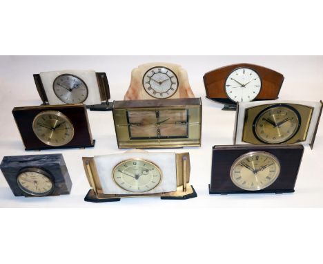 1950's Metamec simulated onyx and brass mantle clock, silvered dial, French hand wound movement W28.5cm and eight other Metam