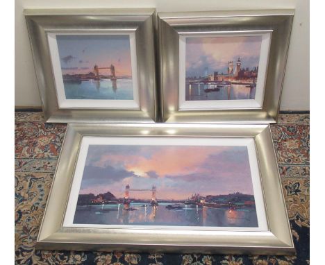 Peter Wileman AROI (b.1946); 'River Lights 1 and 11' a pair of ltd.ed. hand embellished canvas prints, 52/195, another ' 'Lon